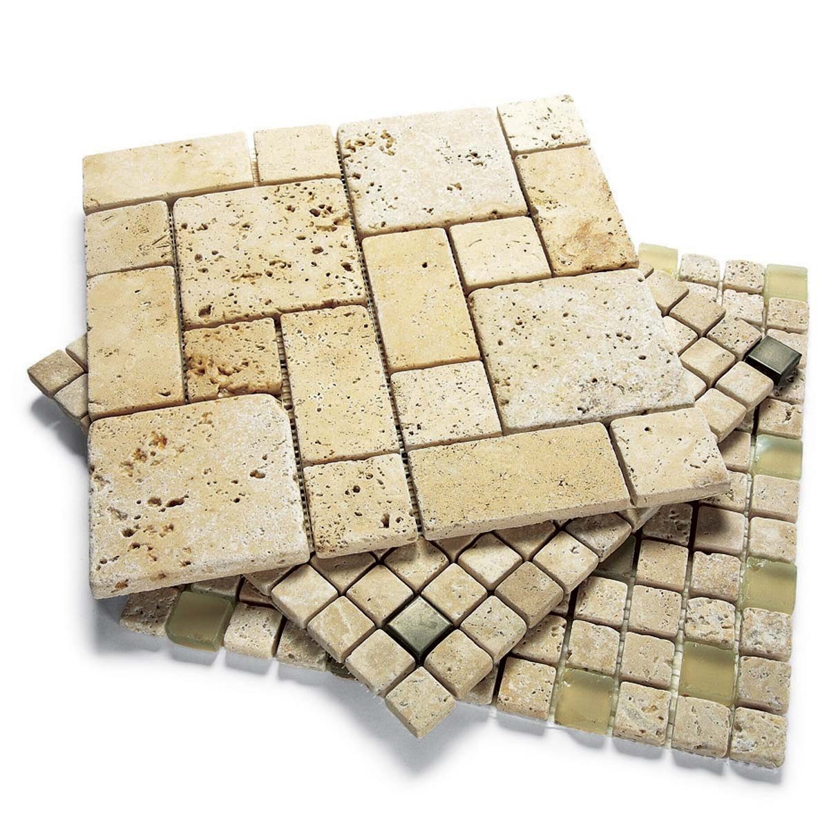 Light-colored stone tiles are stacked haphazardly, displaying various rectangular and square shapes with a textured surface, typically used for flooring or wall decoration.