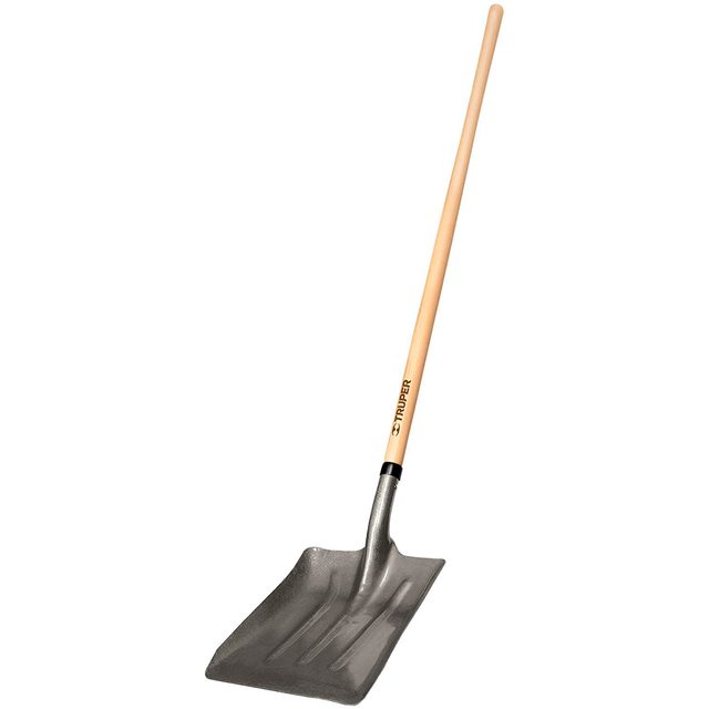 A metal shovel with a wooden handle rests upright, designed for digging or moving materials, typically found in gardening or construction settings.