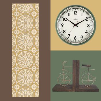 A patterned wall hanging is displayed alongside a round clock and a bicycle bookend, set against textured backgrounds in warm, muted tones.