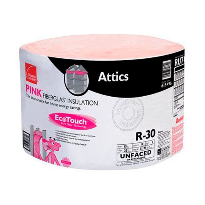Pink fiberglass insulation roll labeled for attic use, promoting energy savings. It features branding, product specifications, and highlights EcoTouch Pure Fiber Technology.