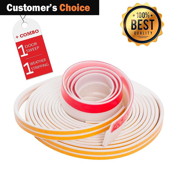 A rolled set of door sweep and weather stripping products sits together, indicating their use for sealing gaps. A tag highlights "Customer