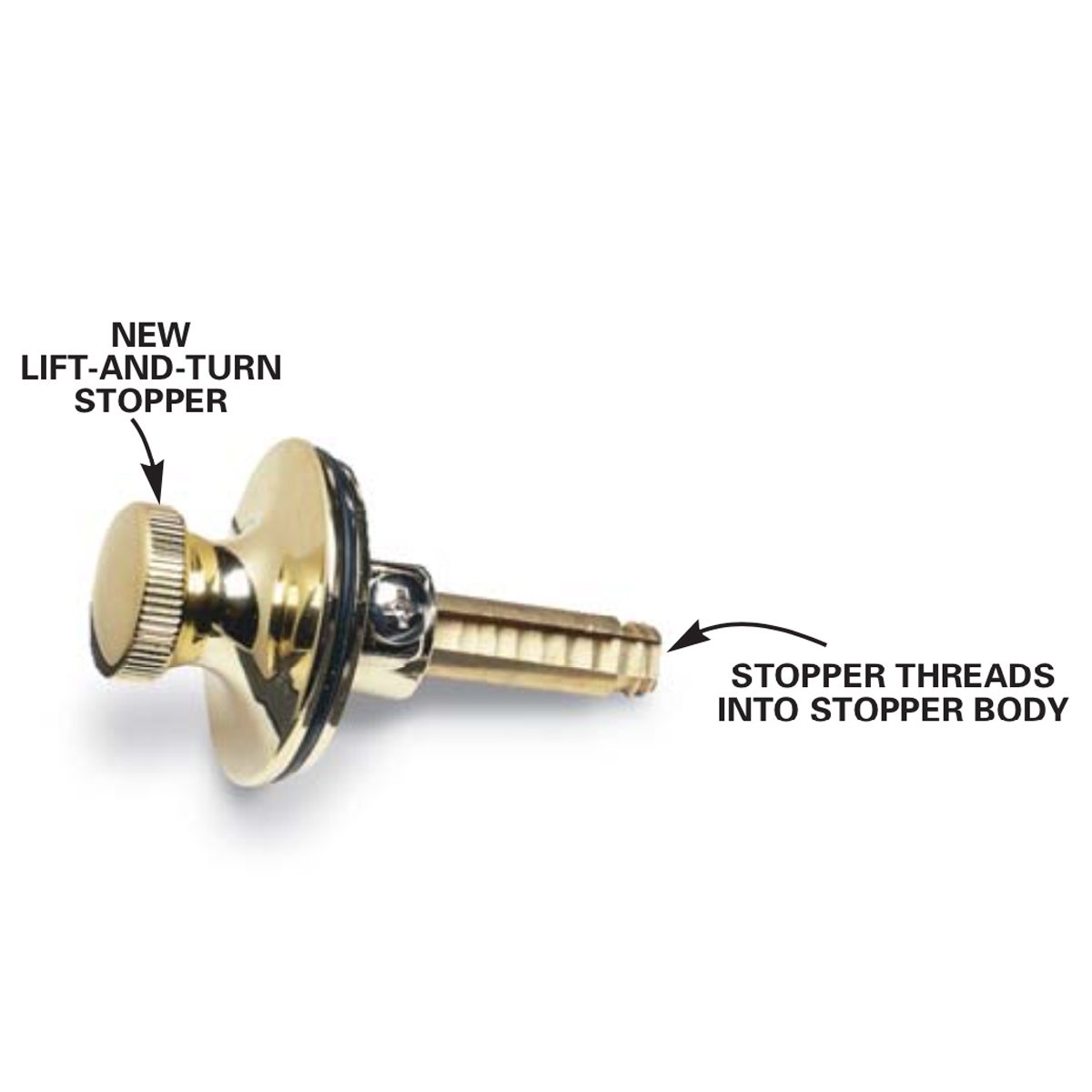 A shiny, gold lift-and-turn stopper is positioned upright, with labels indicating its features and threading mechanism, set against a plain, white background.