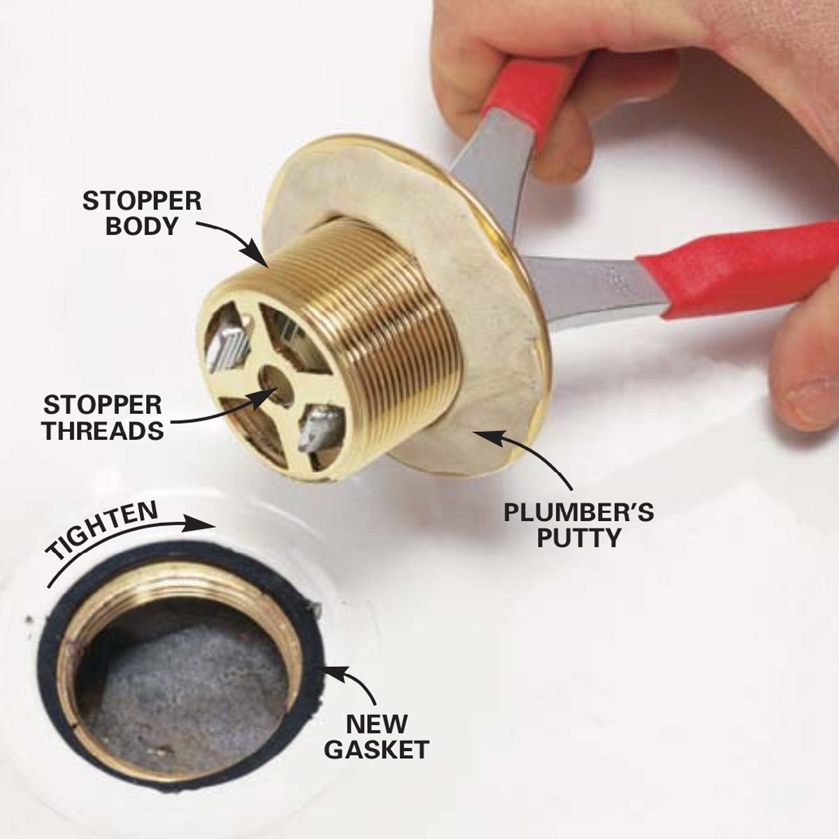 A hand holds a tool gripping a plumbing stopper, being installed over a gasket in a sink, surrounded by plumber’s putty and installation instructions.