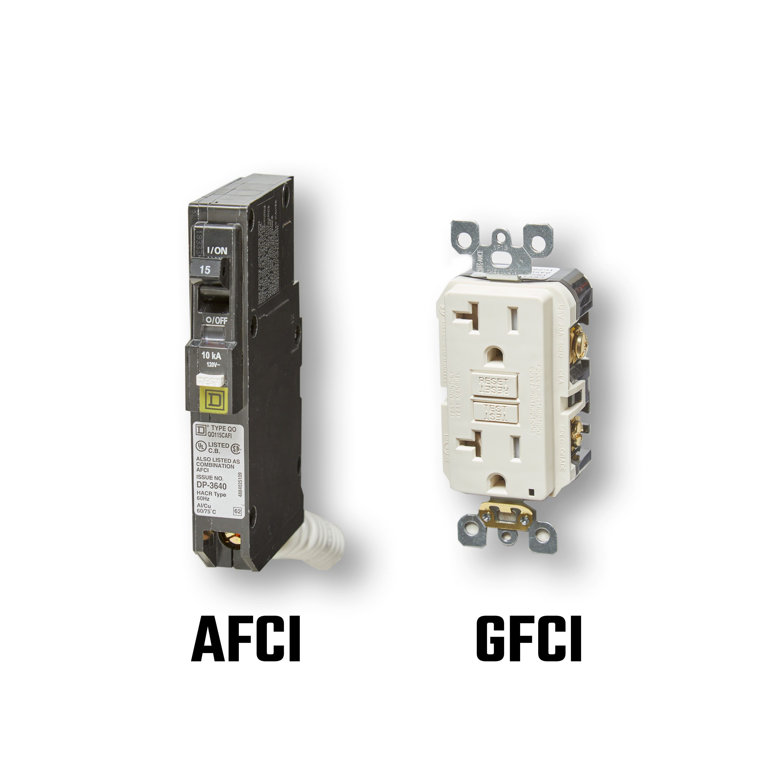 Two electrical devices are shown: an AFCI circuit breaker and a GFCI outlet. They are labeled on a plain background, illustrating safety features in electrical systems.