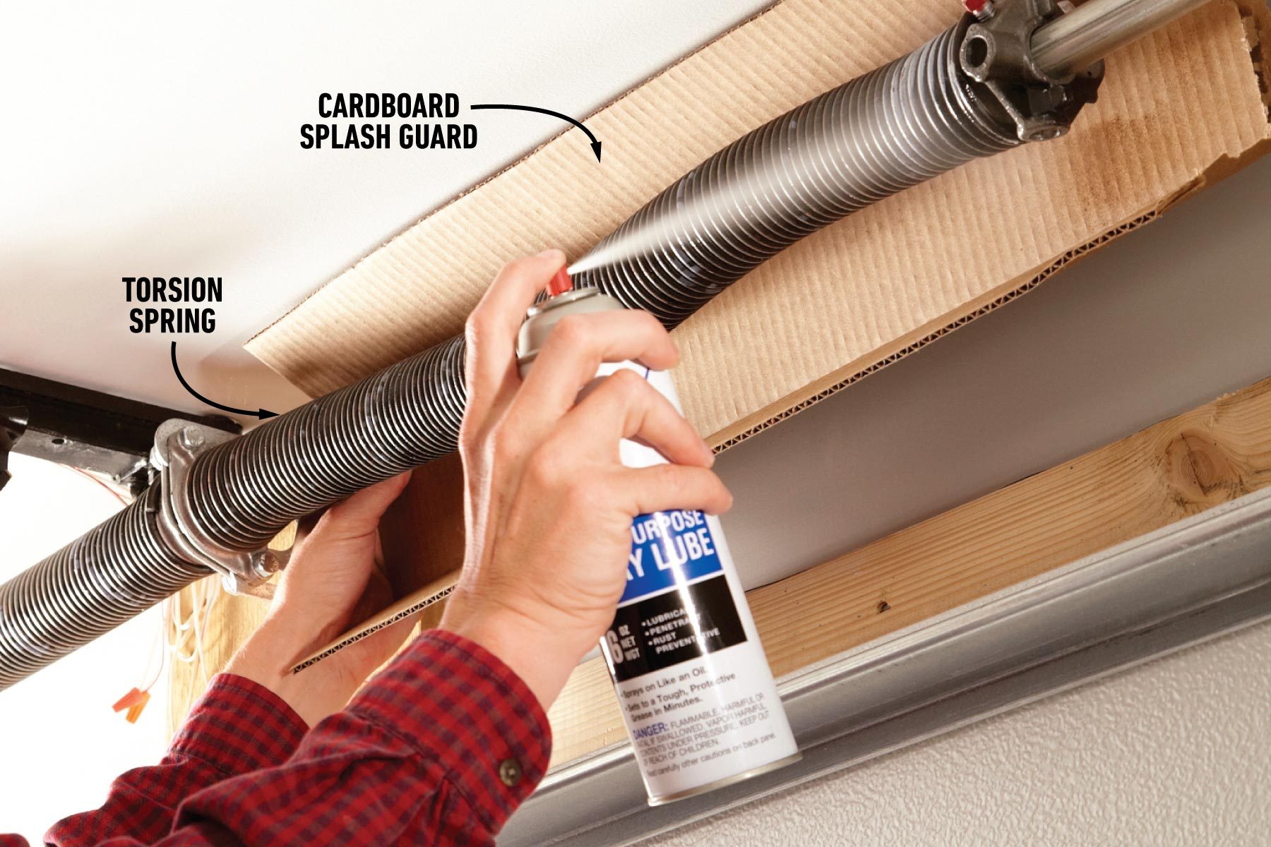 Spraying the roller shafts and hinges with garage door lube