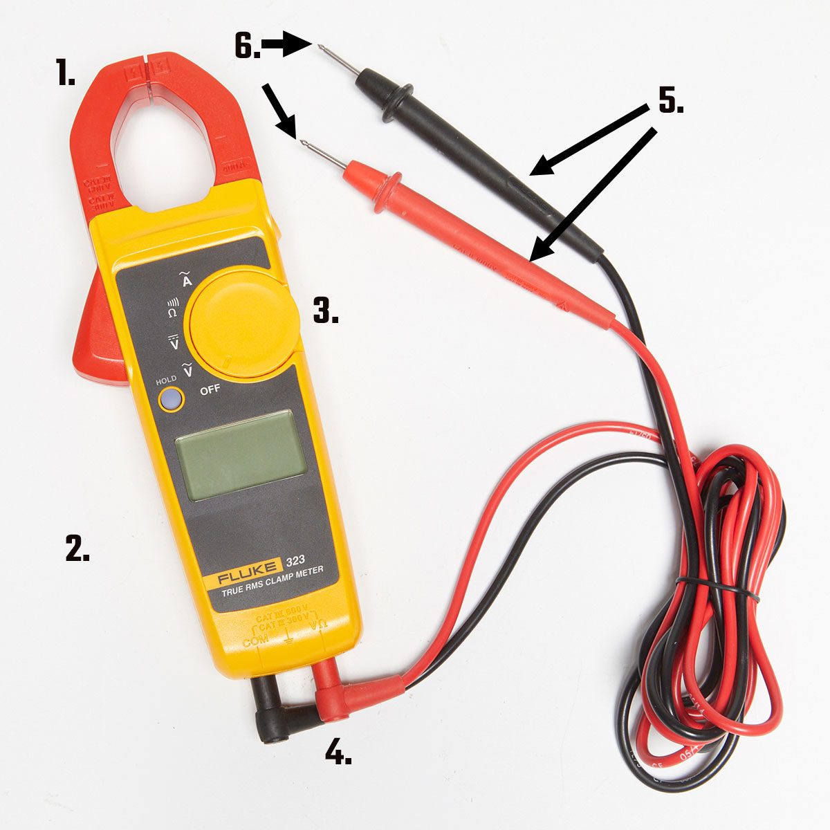 Multimeter A digital clamp multimeter displays readings, with a red and black lead attached, resting on a plain surface while measuring electrical current from a circuit.
