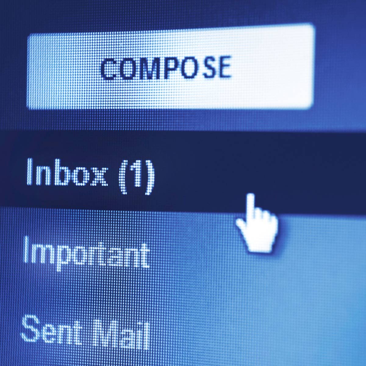 A cursor hovers over the "Inbox (1)" section of an email interface, indicating new mail amidst other categories like "Important" and "Sent Mail."