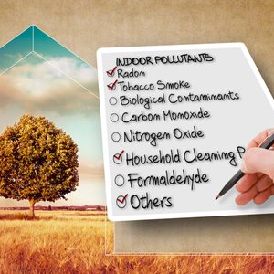 A hand writes on a notepad listing indoor pollutants, while a scenic background features a tree in a grassy field under a cloudy sky.