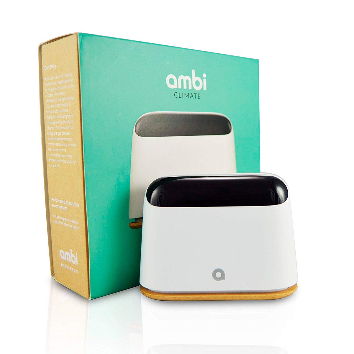 A compact, white device with a black top sits next to its teal packaging, designed to monitor and enhance indoor climate control.
