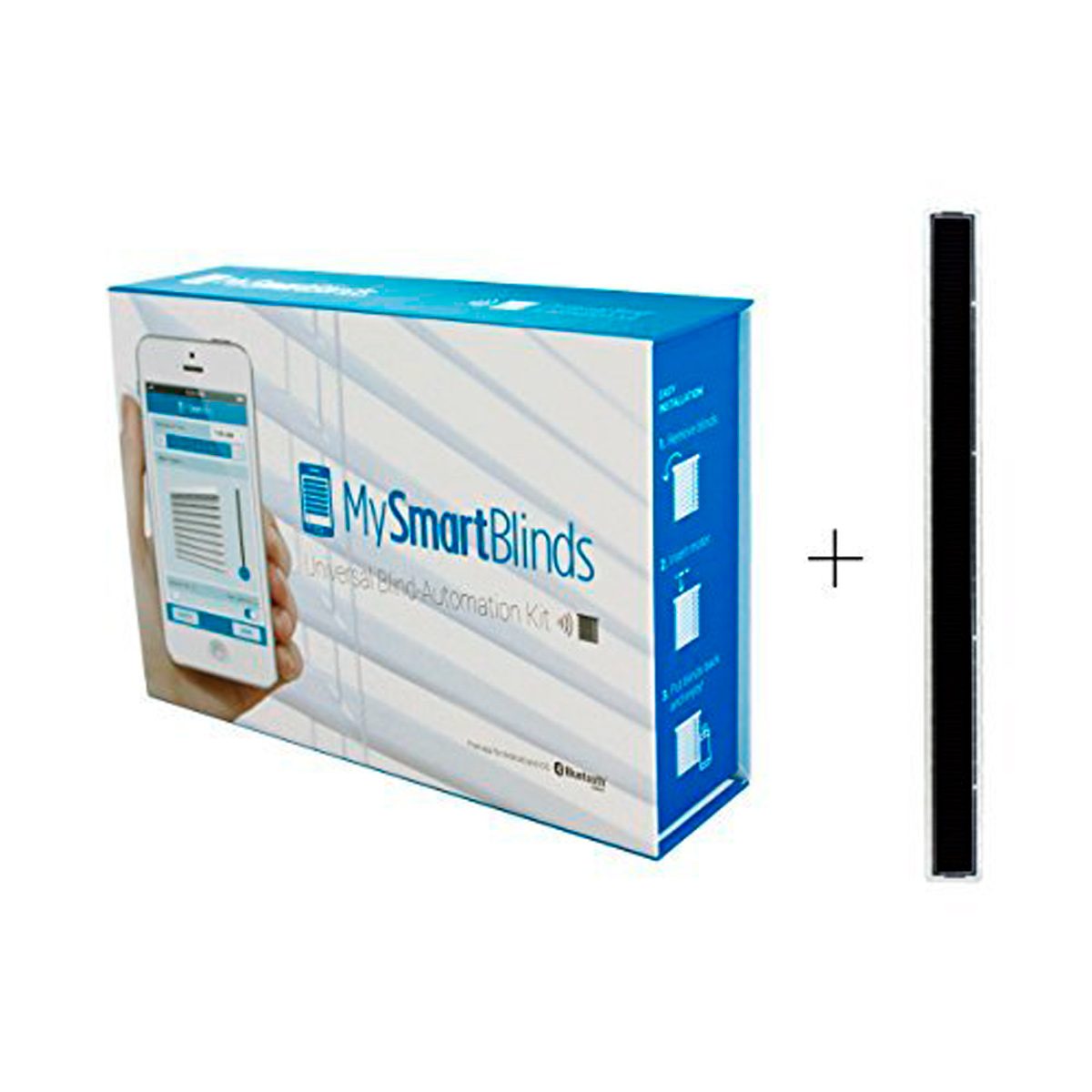 A blue packaging box displays a smart blinds automation kit alongside a slender, dark component, set against a plain white background.