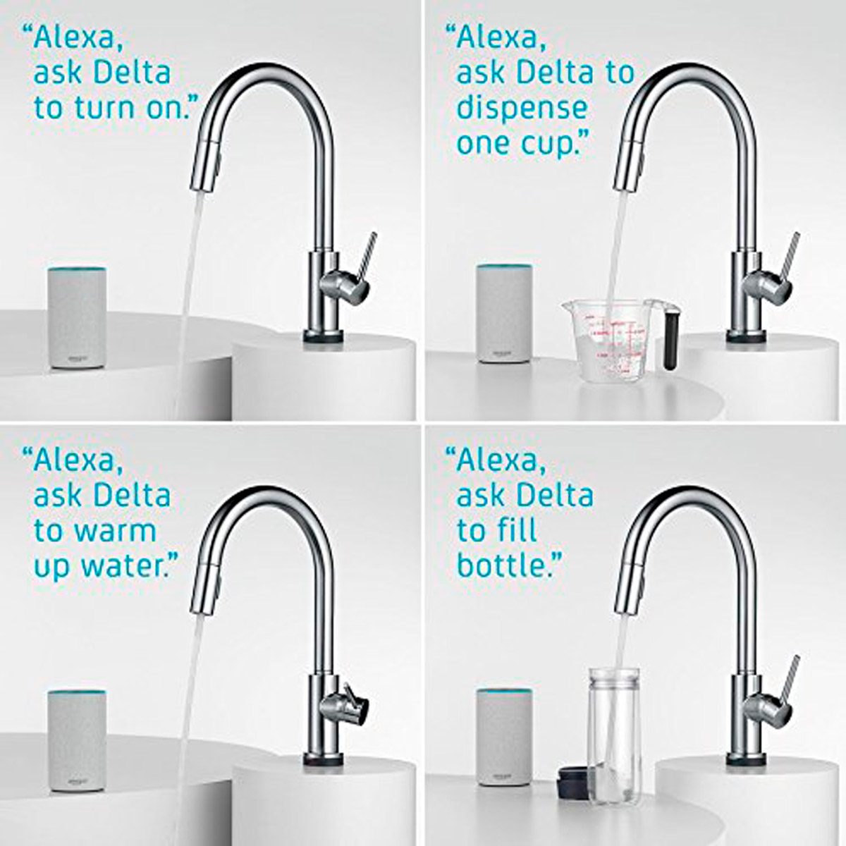 A modern faucet dispenses water in various scenarios, responding to voice commands from a nearby smart speaker, against a minimalist kitchen backdrop.