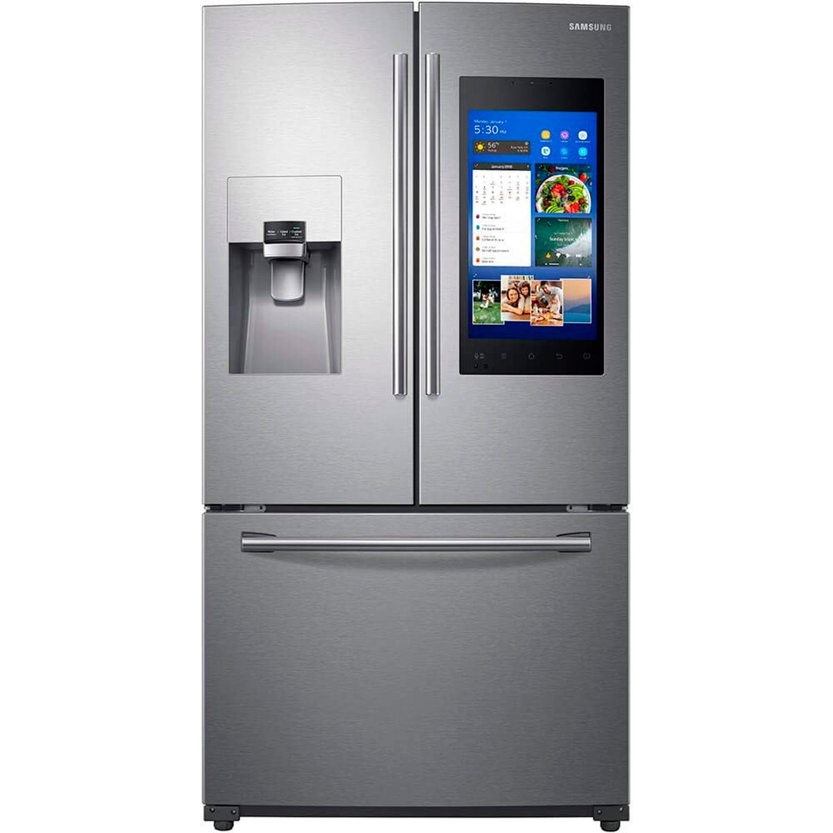 A stainless steel refrigerator features double doors, an ice and water dispenser, and a touchscreen display for smart features, positioned in a kitchen environment.