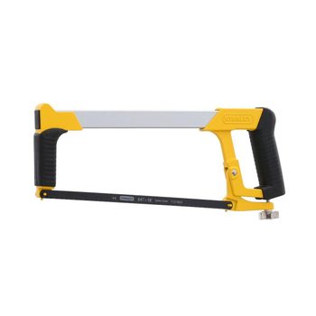 A hacksaw with a yellow and black handle is positioned upright, ready for cutting materials, typically used in workshops or home improvement projects.