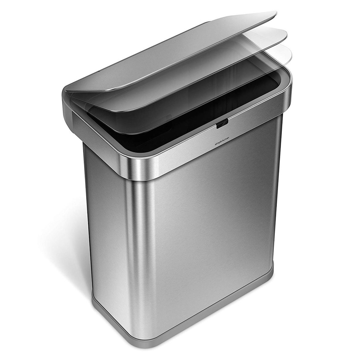 A sleek, stainless steel trash can with a lid partially opened, ready to receive waste, stands against a neutral background.