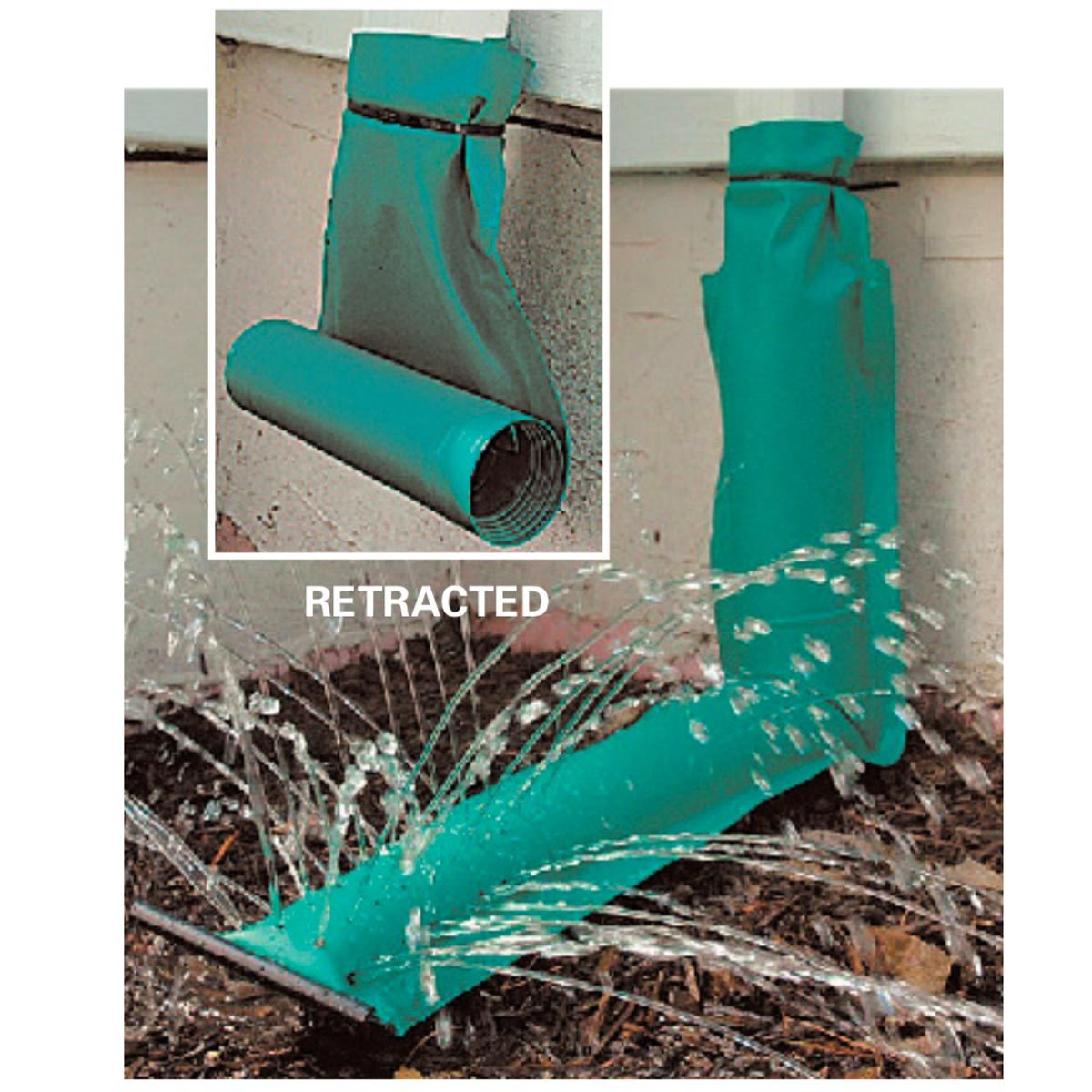 A retractable garden hose sprays water from a blue outlet, creating a fountain-like effect in a garden area against a light-colored wall.