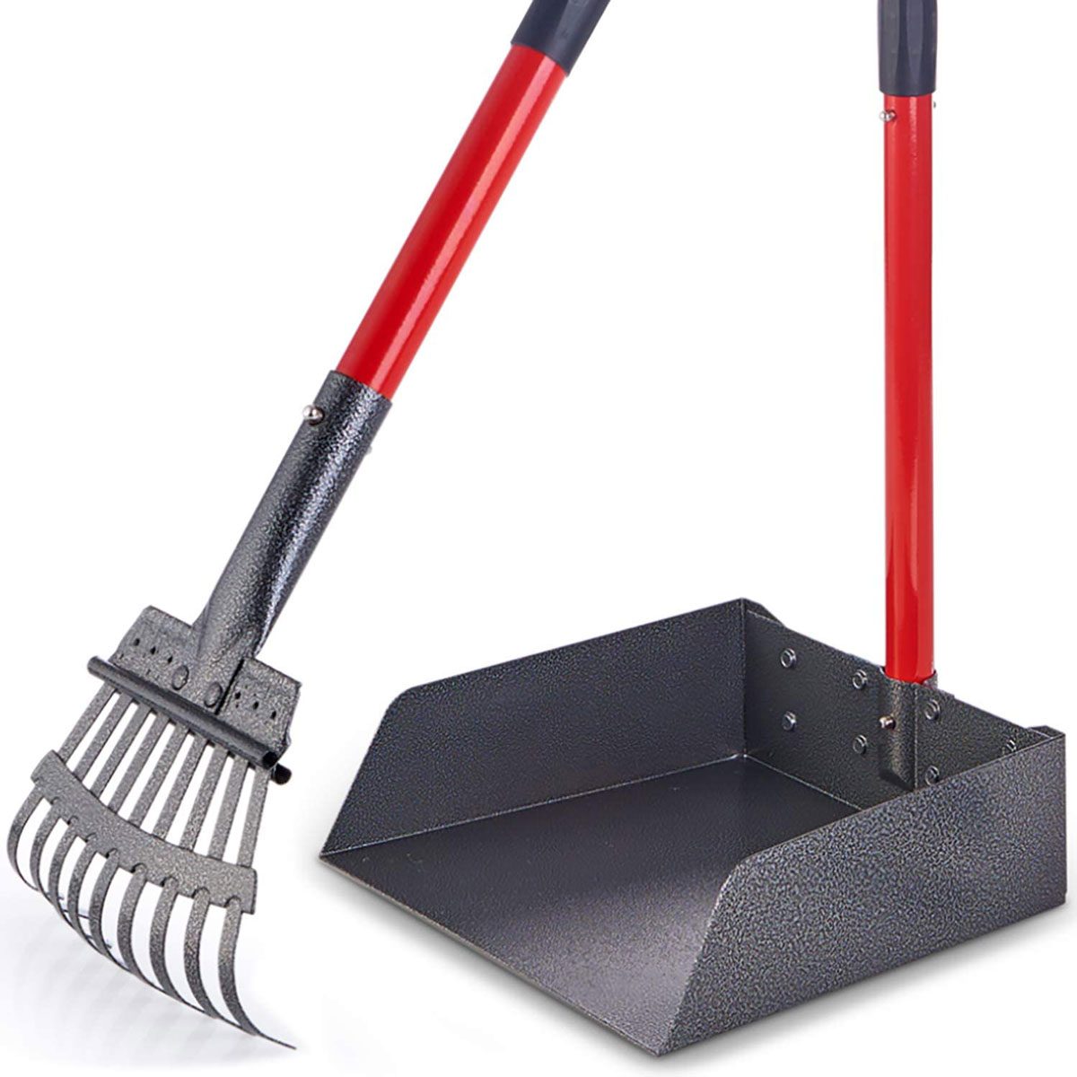 A garden rake with a red handle is positioned next to a black metal scoop, designed for collecting garden debris or soil.