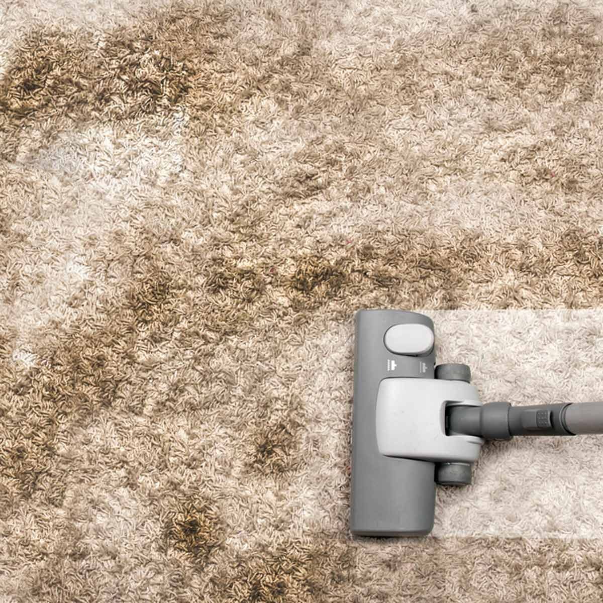 A vacuum cleaner moves across a carpet, removing dirt and stains from a light-colored fabric surface that appears unevenly soiled in patches.