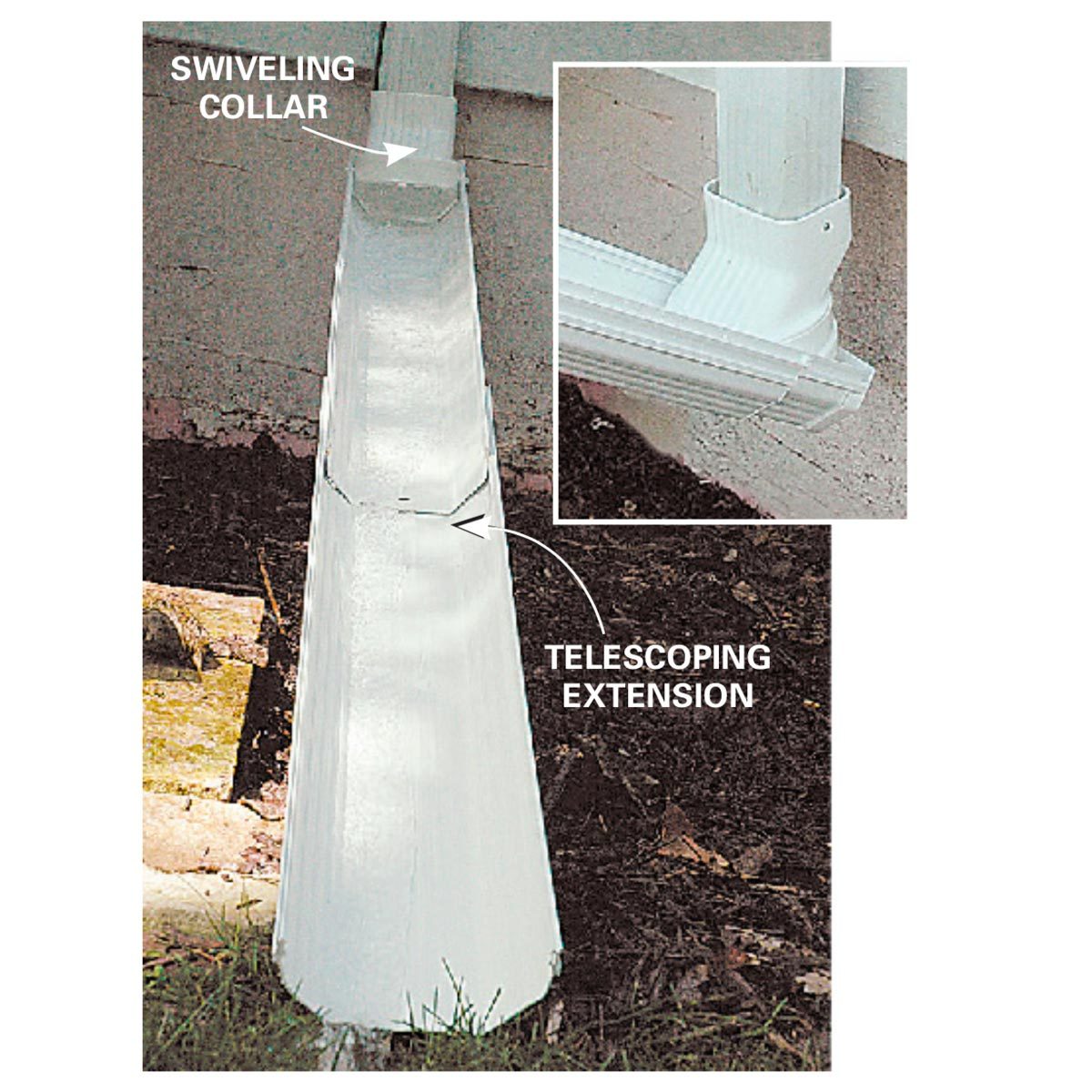 A white gutter system extends along a surface, featuring a swiveling collar and a telescoping extension, designed for directing rainwater away from a building.