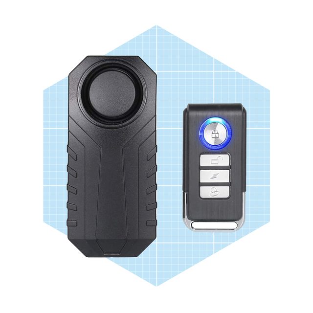 Two remote controls are displayed prominently on a light blue grid background, one rectangular with a button and the other a key fob with multiple function buttons.