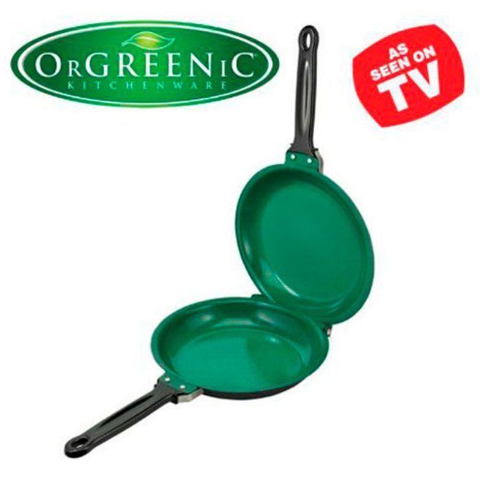 A green, two-sided frying pan is opened, showcasing its smooth, circular cooking surfaces, with a black handle and the logo displayed above.