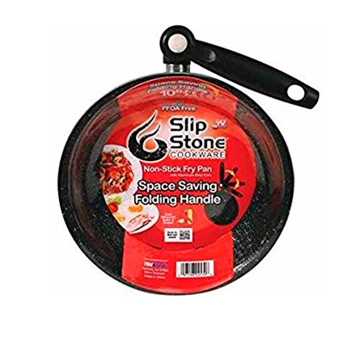 A round non-stick frying pan displays a red label stating 