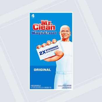 A package of Mr. Clean Magic Eraser displays a cartoon figure holding an eraser, promoting it as "2X stronger" in a bright blue background.