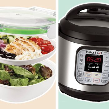 A two-tiered salad container with fresh ingredients sits beside an Instant Pot displaying a timer and cooking options against a pastel background.