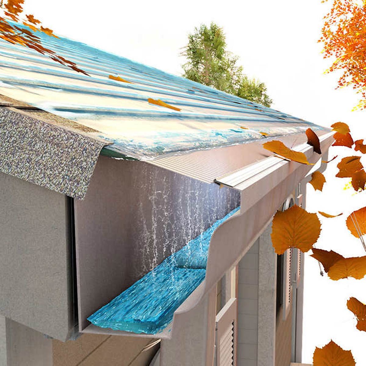 A rainwater management system collects water from a roof, directing it into a gutter as leaves fall around, set against a bright background.