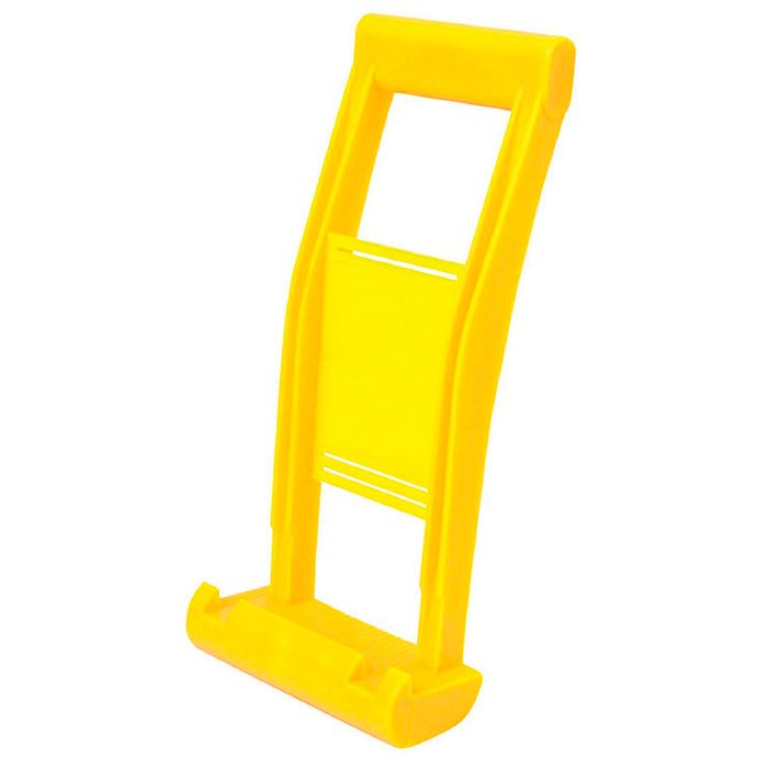 A yellow plastic tool stands upright, designed for handling items. Its curved handle allows easy gripping, typically used in kitchens or food preparation.