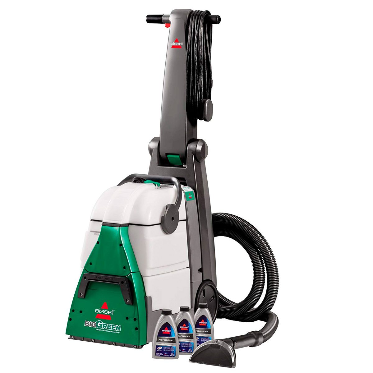 A carpet cleaner stands upright, equipped with a handle and hose, ready for use alongside three bottles of cleaning solution on a plain background.