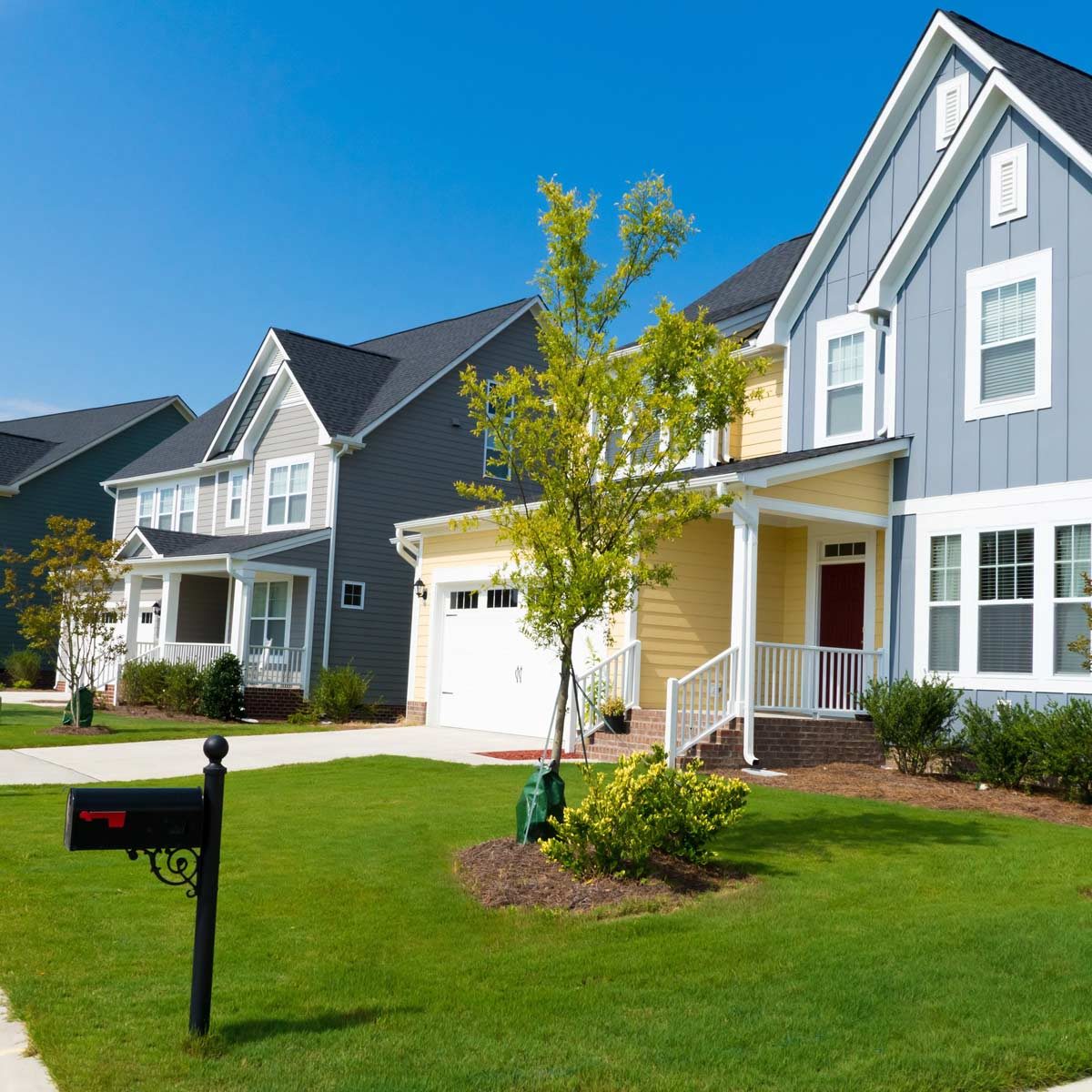 A black mailbox stands on a green lawn in front of colorful houses, with a clear blue sky overhead and well-maintained gardens surrounding the homes.