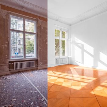 A room is split; one side shows a peeling wall and dusty floor, while the other features a bright, clean space with polished orange flooring and sunlight.