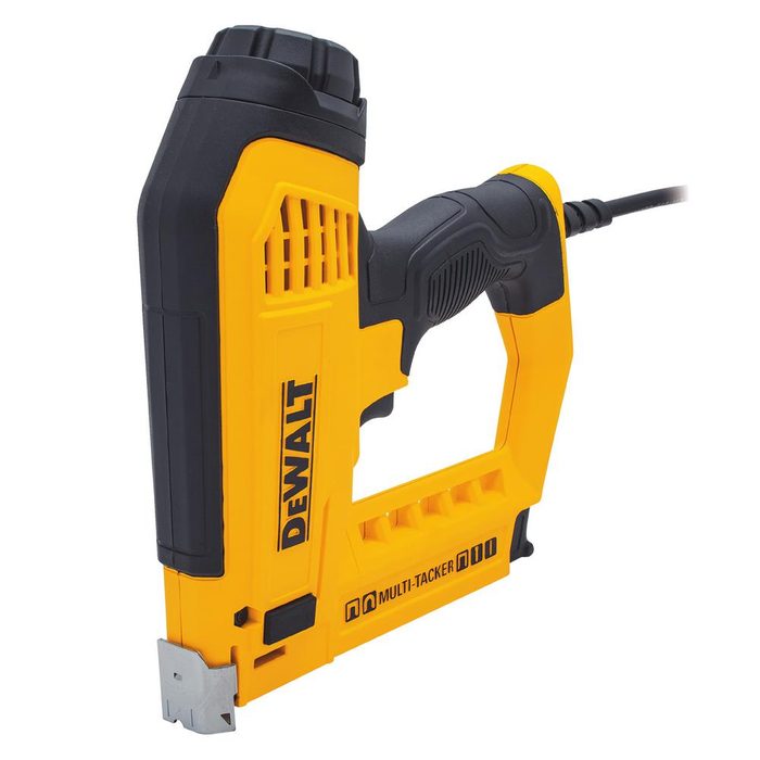 A yellow and black electric staple gun sits upright, ready to fasten materials together, suggesting use in construction or crafting environments.