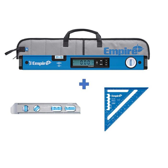 A digital level and two measuring tools are displayed. The level shows a measurement, while the context includes a carrying case with the brand logo visible.