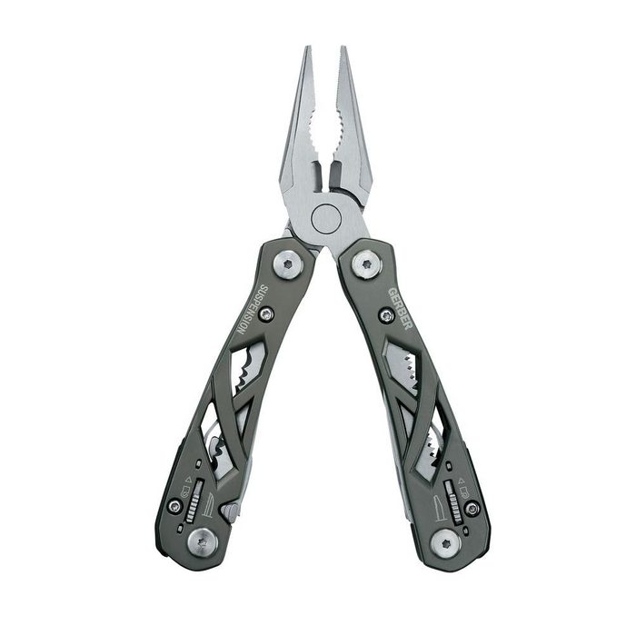 A multi-tool with pliers is opened and positioned upright. It features various blades and tools on its handles, indicating versatility for different tasks.