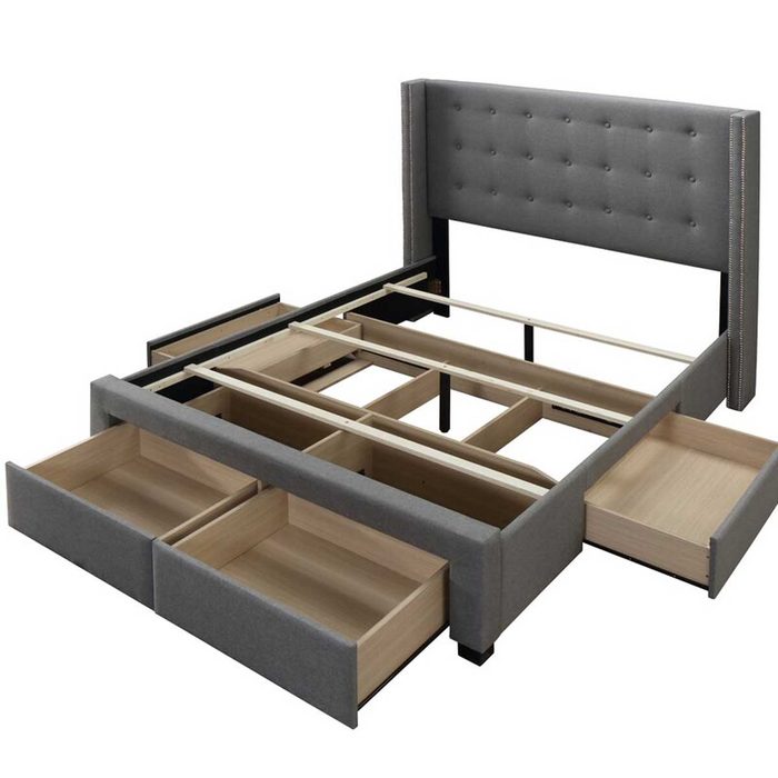 A gray upholstered bed with a tufted headboard features multiple open storage drawers beneath the frame, set against a plain background.