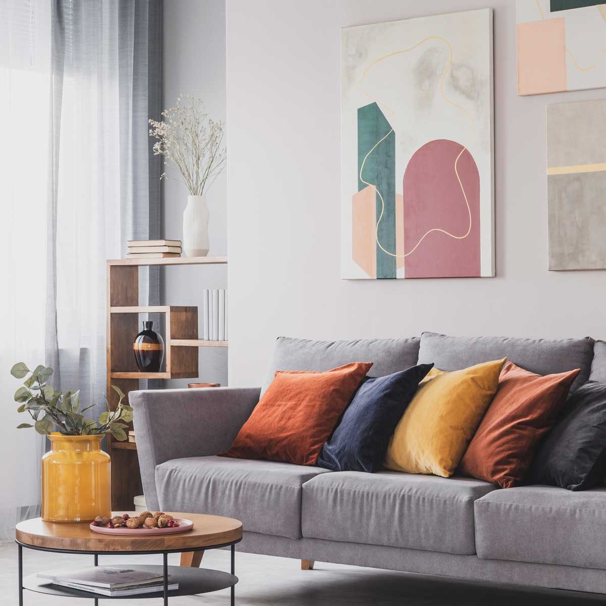 Warm toned living room with accent pillows