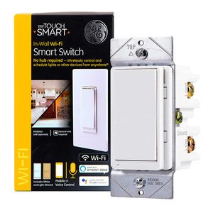 A smart switch is displayed, allowing wireless control of devices. It's packaged with an illustration of an interior setting and labeled for Wi-Fi use.