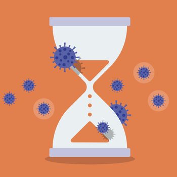 An hourglass is central, with blue virus-like shapes surrounding it. Sand flows down, symbolizing the passage of time in a vivid orange background.
