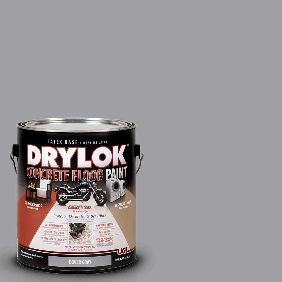 A can of Drylok concrete floor paint displays its features and uses, set against a plain gray background, indicating various application areas like garages and basements.