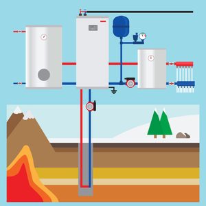 A schematic diagram displays interconnected tanks and pipes transporting fluids, situated above a cross-section of layered earth, including mountains and trees.