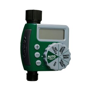 A green digital irrigation timer adjusts watering schedules using knobs and buttons, designed for outdoor use to automate plant care.