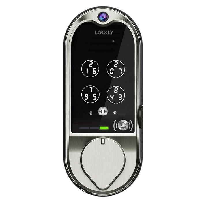 A smart door lock displays a digital keypad with numbers, a biometric sensor, and a circular keyhole, set against a sleek, modern metallic background.