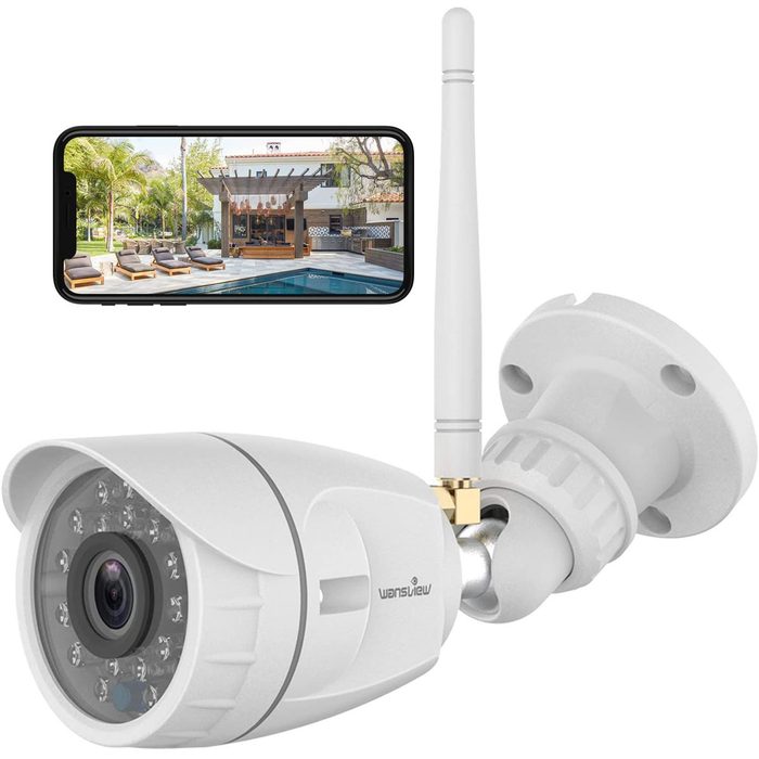 A security camera, connecting wirelessly, captures live footage of an outdoor area featuring a pool and lounge furniture, displayed on a smartphone.