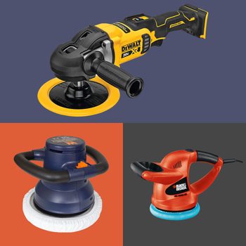 Three polishing tools are displayed: a yellow cordless model, a blue model with a white pad, and an orange corded model, all set against a dark background.