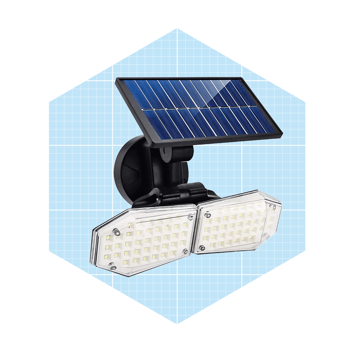 A solar-powered motion sensor light mounts on a wall, illuminating with dual LED panels, set against a grid-patterned background.