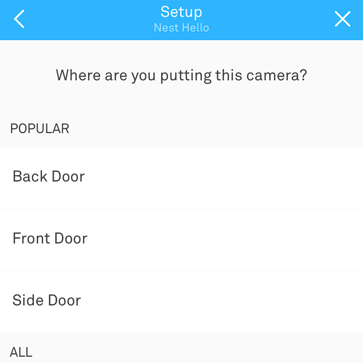 A digital interface displays options for camera placement. Users select popular locations: Back Door, Front Door, and Side Door, with a prompt for input.