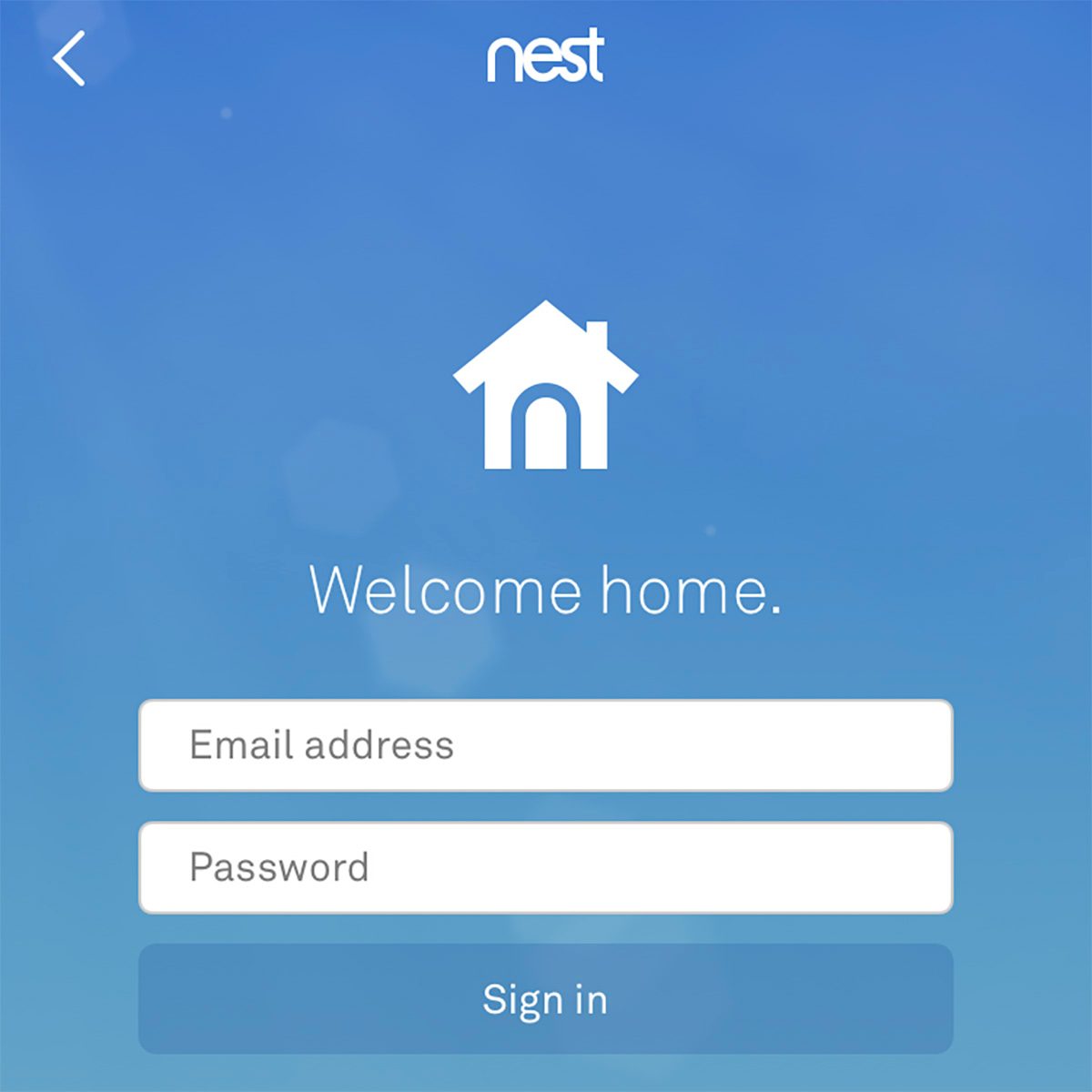 A login screen displays the Nest logo, inviting users to enter their email address and password, set against a soothing blue background.