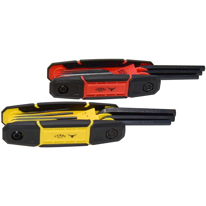 Two multi-tool wrenches, one red and one yellow, are displayed side by side, each featuring various hex keys folded within a protective casing.