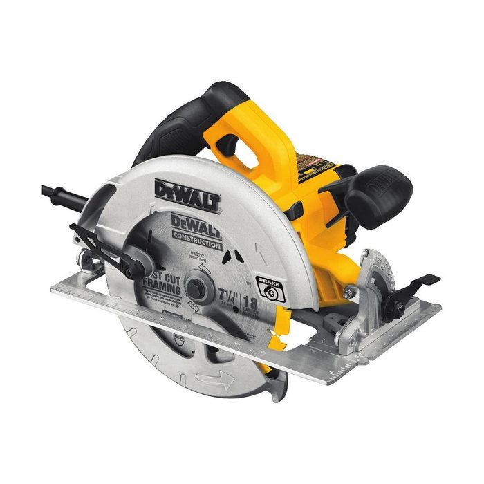 A circular saw cuts wood, featuring a silver blade and yellow handle. It